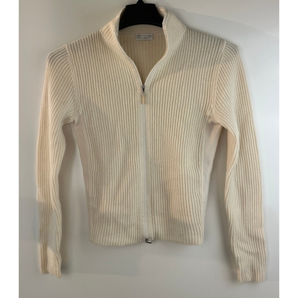 Brunello Cucinelli Cashmere Ribbed Full Zip Cardigan Cream Small Quiet Luxury - Picture 16 of 16